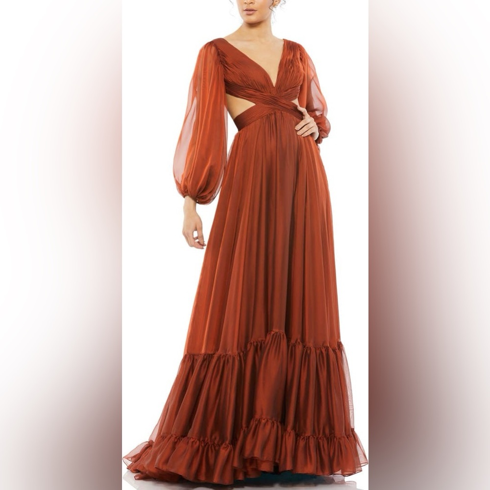 Mac Duggal Pleated Cut Out Long Sleeve Lace Up Tiered Gown